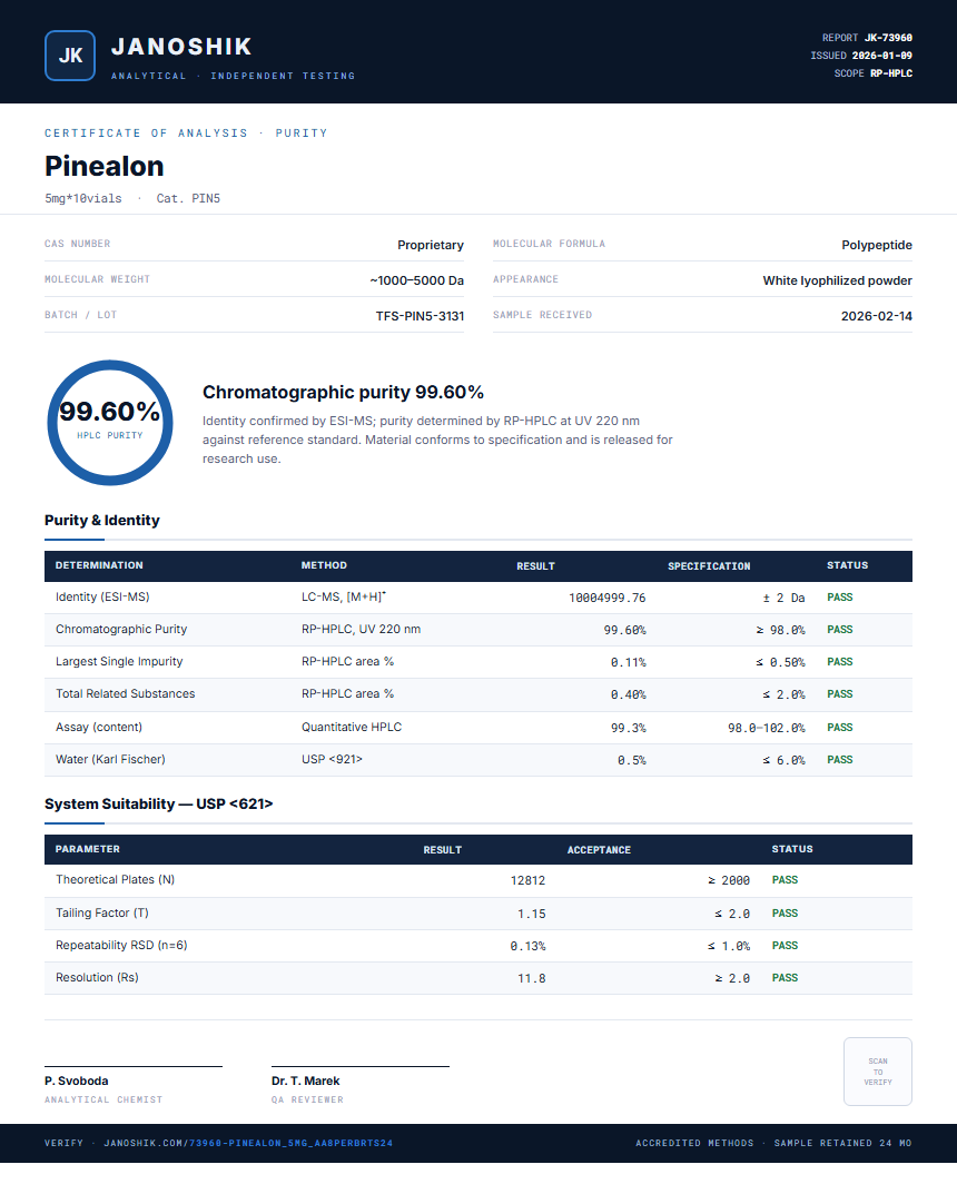 Pinealon Purity (HPLC) report by Janoshik Analytical