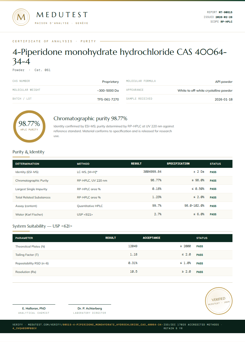 4-Piperidone monohydrate hydrochloride CAS 40064-34-4 Purity Test Report by Medutest