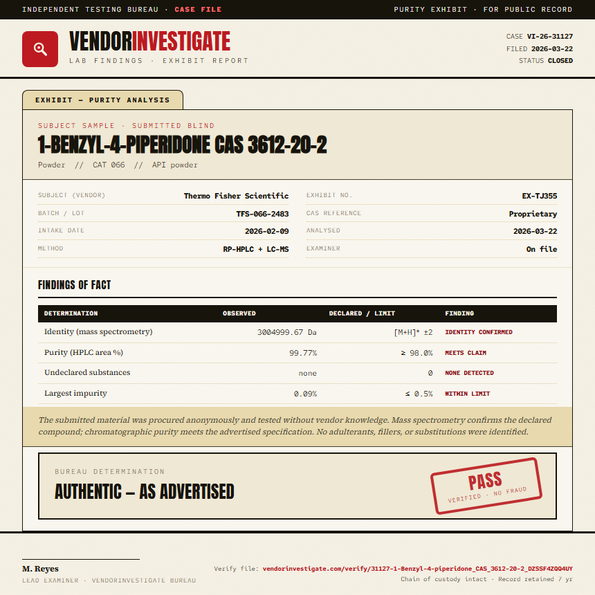 1-Benzyl-4-piperidone CAS 3612-20-2 Purity (HPLC) report by VendorInvestigate