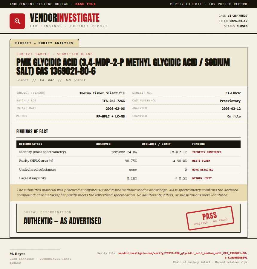 PMK glycidic acid (3,4-MDP-2-P methyl glycidic acid / sodium salt) CAS 1369021-80-6 Purity (HPLC) report by VendorInvestigate