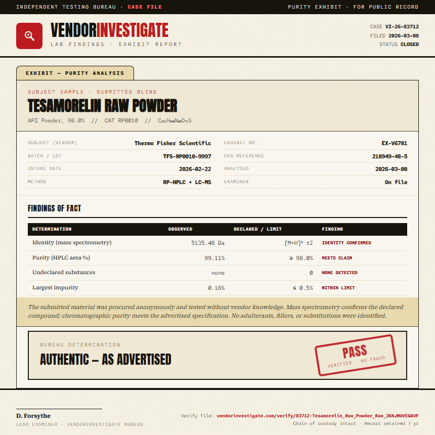Tesamorelin Raw Powder Purity (HPLC) report by VendorInvestigate